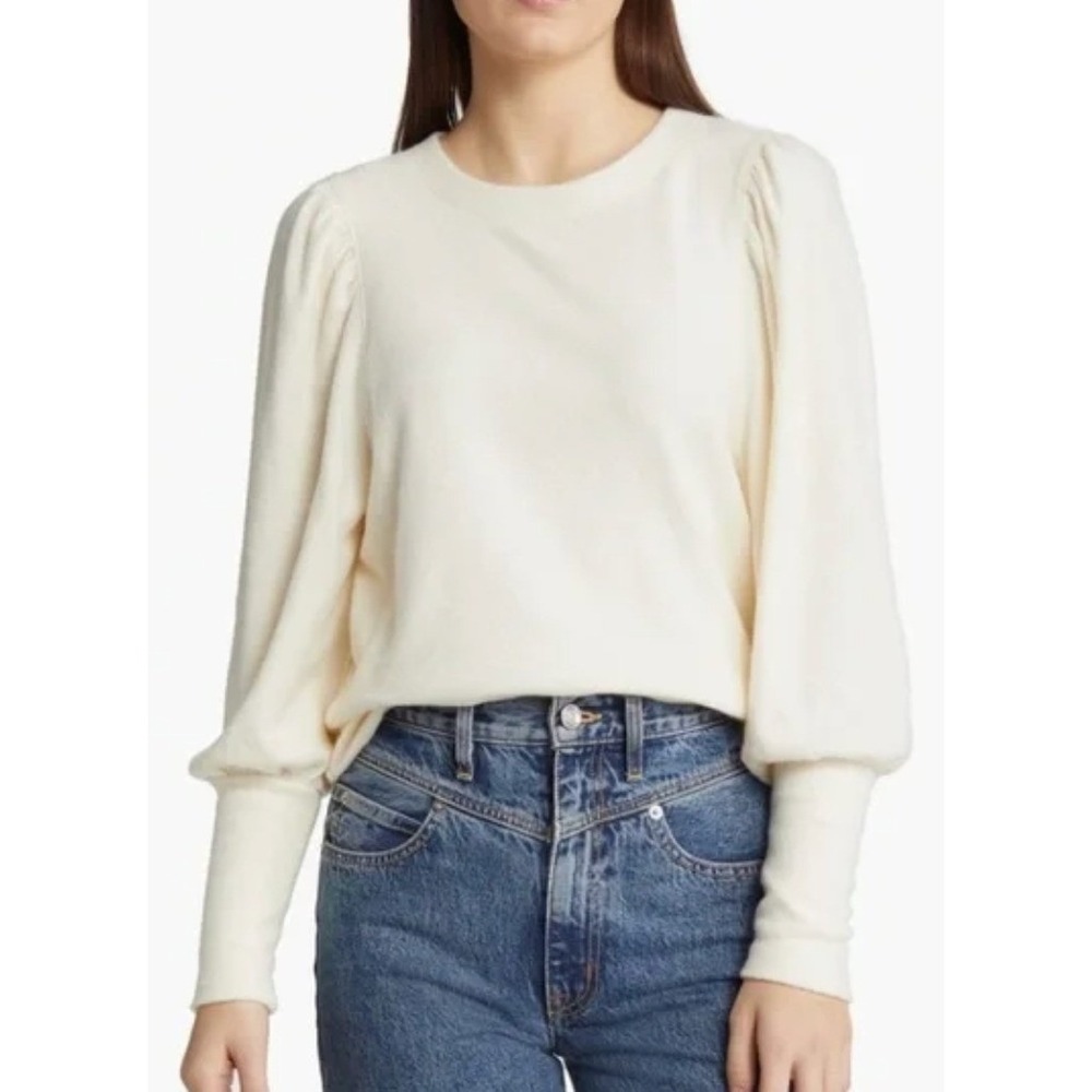Madewell Shirt Womens XS Cream Brushed Puff Sleeve NG574 Knit Top‎